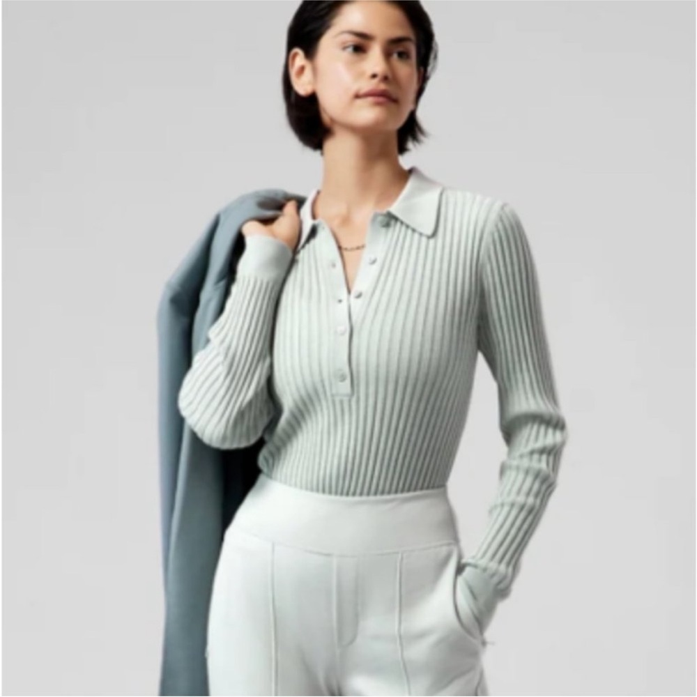 Athleta L Aqua Blue Ribbed Long Sleeve Sweater - Picture 1 of 6